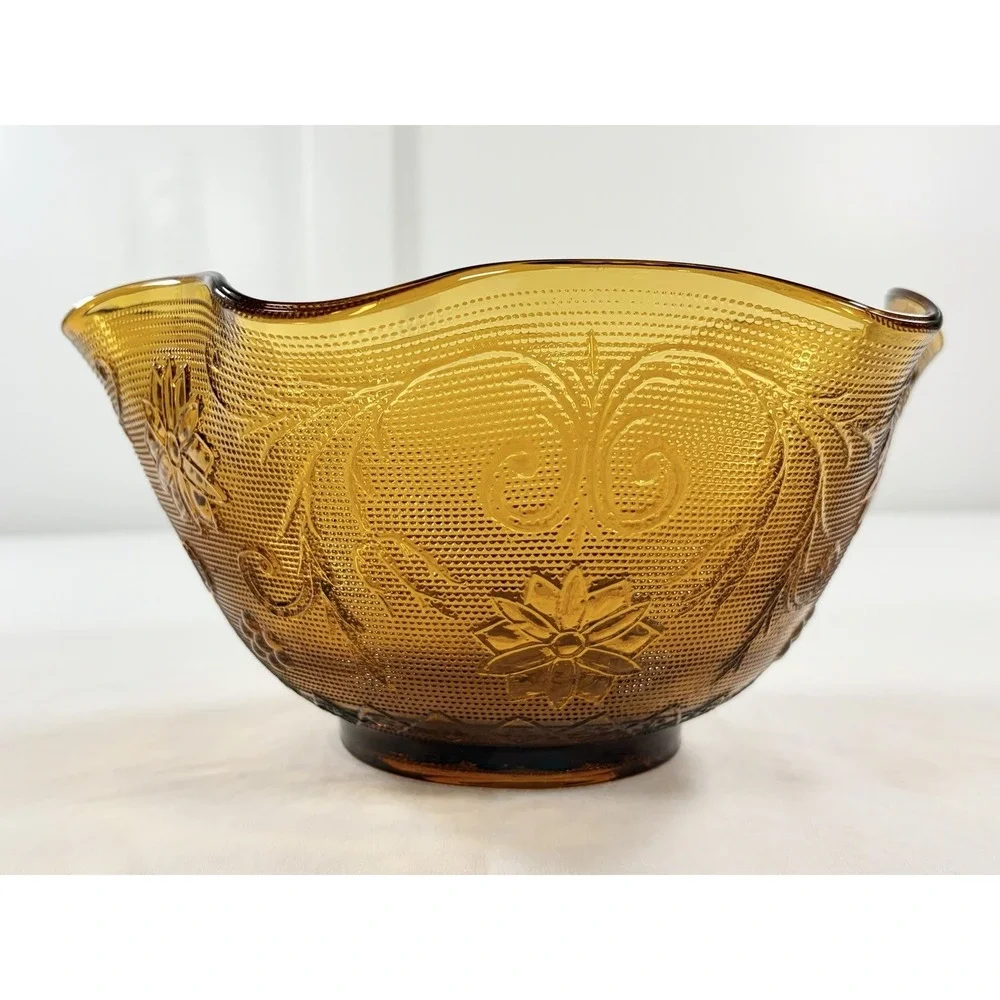 Vintage Tiara Indiana Glass Amber Sandwich Daisy Crimped Ruffled Bowl 10